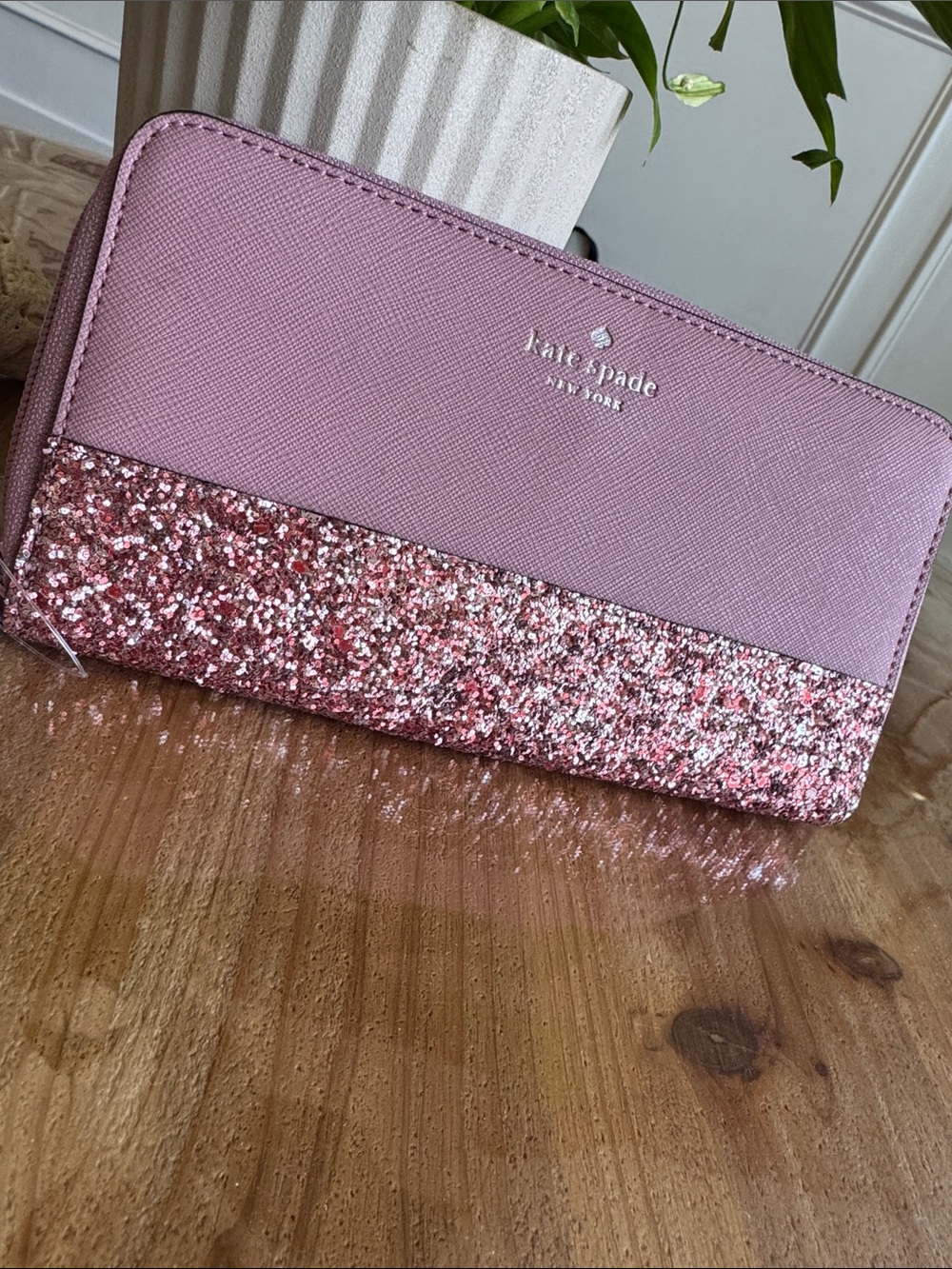 kate spade lilac pink wallet with rose glitter trim